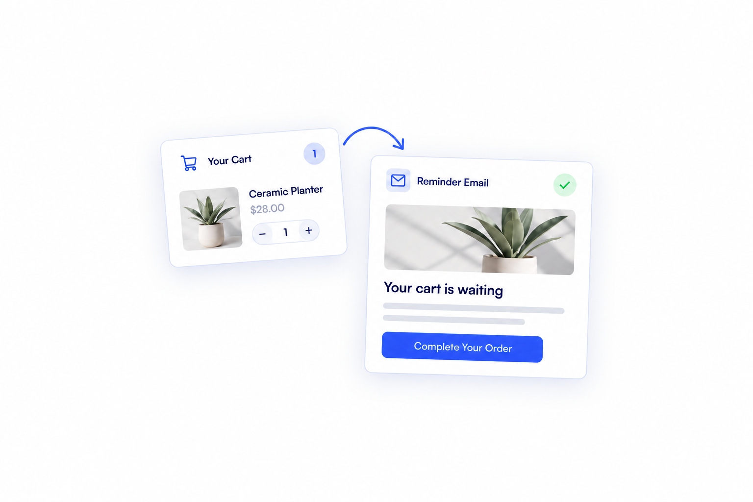 Shopping email preview with a product and check mark