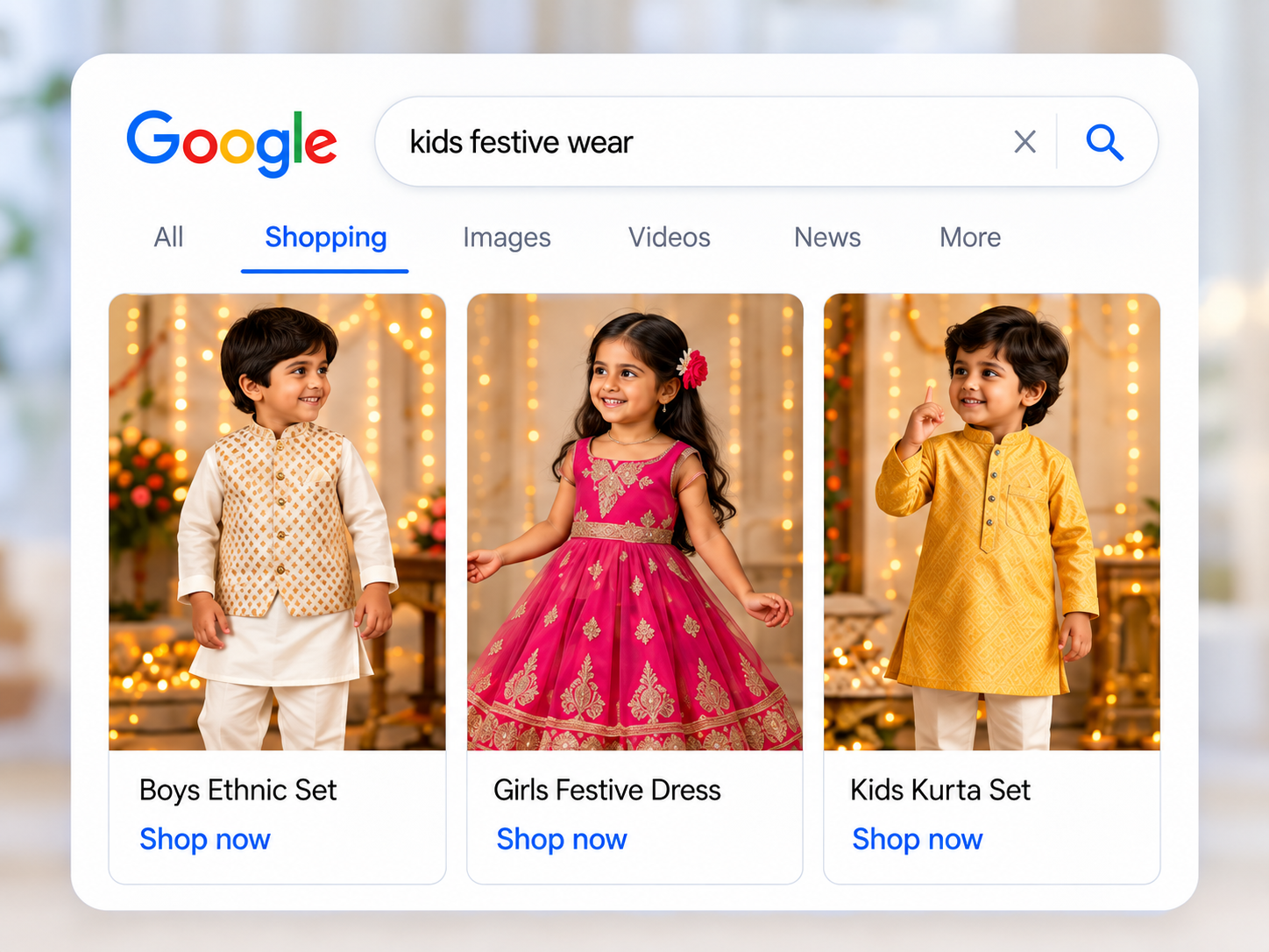 Illustrative Google Shopping campaign for children's festive clothing