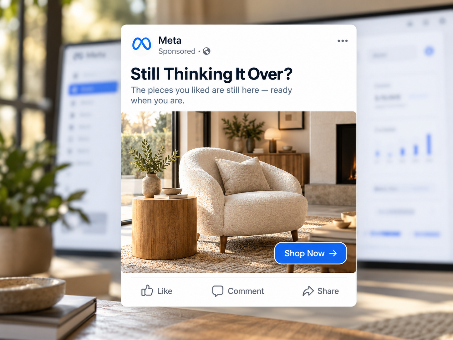 Illustrative Meta remarketing advertisement featuring home furniture