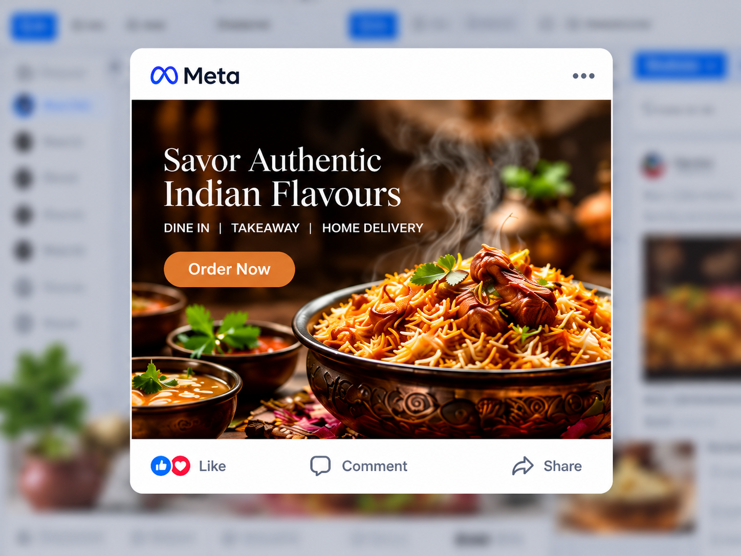 Illustrative restaurant advertising creative on Meta