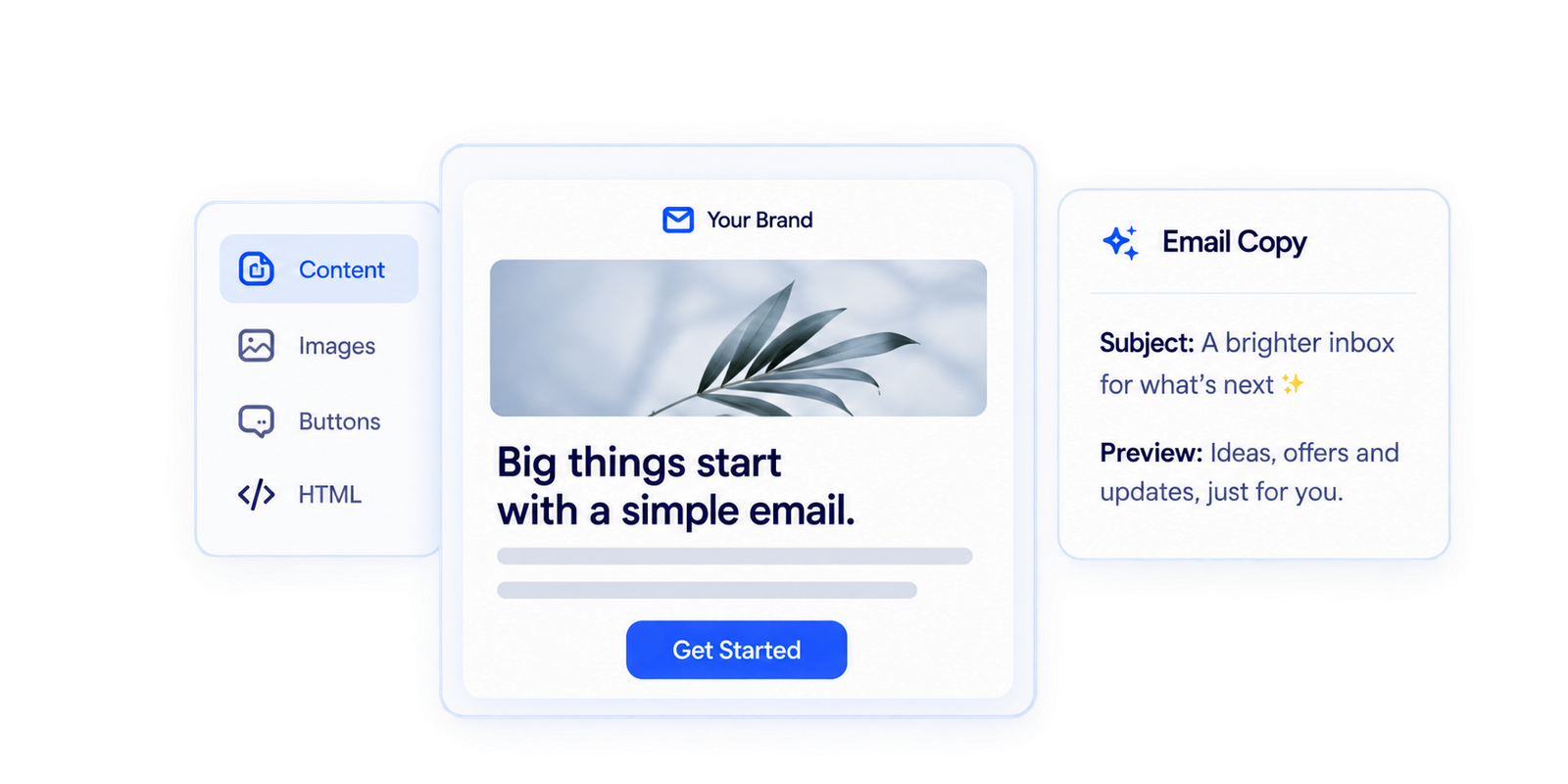 Email editor showing a designed campaign and copy preview
