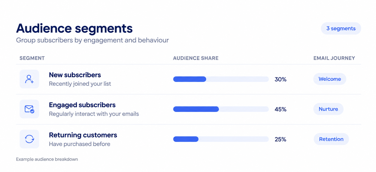 Audience segments for new subscribers, engaged subscribers and returning customers.