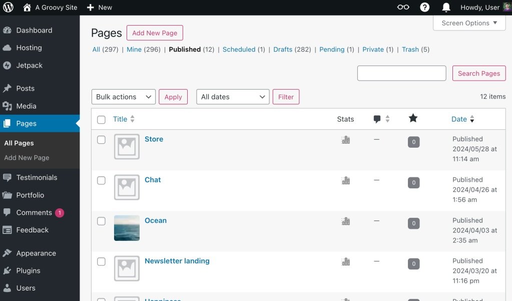 WordPress administration screen showing the Pages list